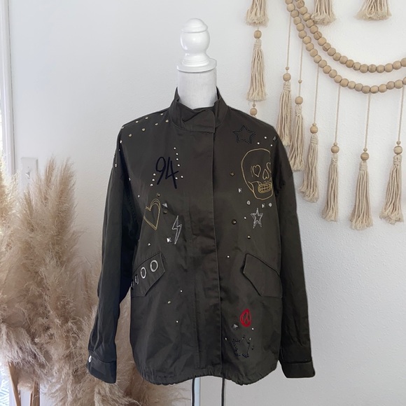 H&M embroidered army jacket green studded embellished parka fall grunge vibes 6 - Picture 2 of 16